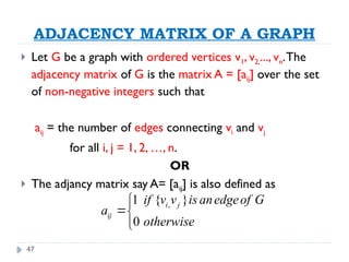 47
ADJACENCY MATRIX OF A GRAPH
 Let G be a graph with ordered vertices v1, v2,..., vn.The
adjacency matrix of G is the matrix A = [aij] over the set
of non-negative integers such that
aij = the number of edges connecting vi and vj
for all i, j = 1, 2, …, n.
OR
 The adjancy matrix say A= [aij] is also defined as
,
1 { }
0
i j
ij
if v v is anedgeof G
a
otherwise



 