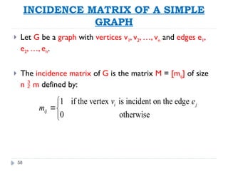 58
INCIDENCE MATRIX OF A SIMPLE
GRAPH
 Let G be a graph with vertices v1, v2, …, vn and edges e1,
e2, …, en.
 The incidence matrix of G is the matrix M = [mij] of size
n  m defined by:
1 if the vertex is incident on the edge
0 otherwise
i j
ij
v e
m



 