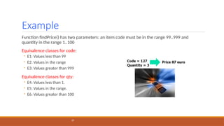 Example
29
Function findPrice() has two parameters: an item code must be in the range 99..999 and
quantity in the range 1..100
Equivalence classes for code:
◦ E1: Values less than 99
◦ E2: Values in the range
◦ E3: Values greater than 999
Equivalence classes for qty:
◦ E4: Values less than 1.
◦ E5: Values in the range.
◦ E6: Values greater than 100
 