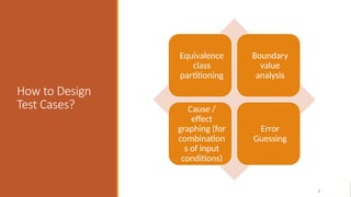 How to Design
Test Cases?
6
Equivalence
class
partitioning
Boundary
value
analysis
Cause /
effect
graphing (for
combination
s of input
conditions)
Error
Guessing
 