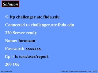 McGraw-Hill ©The McGraw-Hill Companies, Inc., 2000
Solution
Solution
% ftp challenger.atc.fhda.edu
Connected to challenger.atc.fhda.edu
220 Server ready
Name: forouzan
Password: xxxxxxx
ftp > ls /usr/user/report
200 OK
 