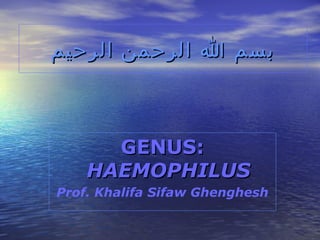 ‫بسم ا الرحمن الرحيم‬

GENUS:
HAEMOPHILUS
Prof. Khalifa Sifaw Ghenghesh

 