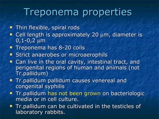 Treponema properties   Thin flexible, spiral rods Cell length is approximately 20   m, diameter is 0,1-0,2   m Treponema has 8-20 coils Strict anaerobes or microaerophils Can live in the oral cavity, intestinal tract, and perigenital regions of human and animals (not Tr.pallidum) Tr.pallidum pallidum causes venereal and congenital syphilis Tr.pallidum  has not been grown  on bacteriologic media or in cell culture.  Tr.pallidum can be cultivated in the testicles of laboratory rabbits. 