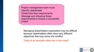 19
Project management team must
•identify stakeholder
•Determine their requirements
•Manage and influence those
requirements to ensure a successful
project
Managing stakeholders expectation may be difficult
because stakeholders often have very different
objectives that may come into conflict:
Think of an example when this is the case!!
 