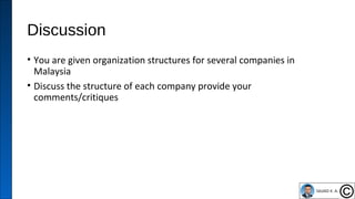 Discussion
• You are given organization structures for several companies in
Malaysia
• Discuss the structure of each company provide your
comments/critiques
33
 