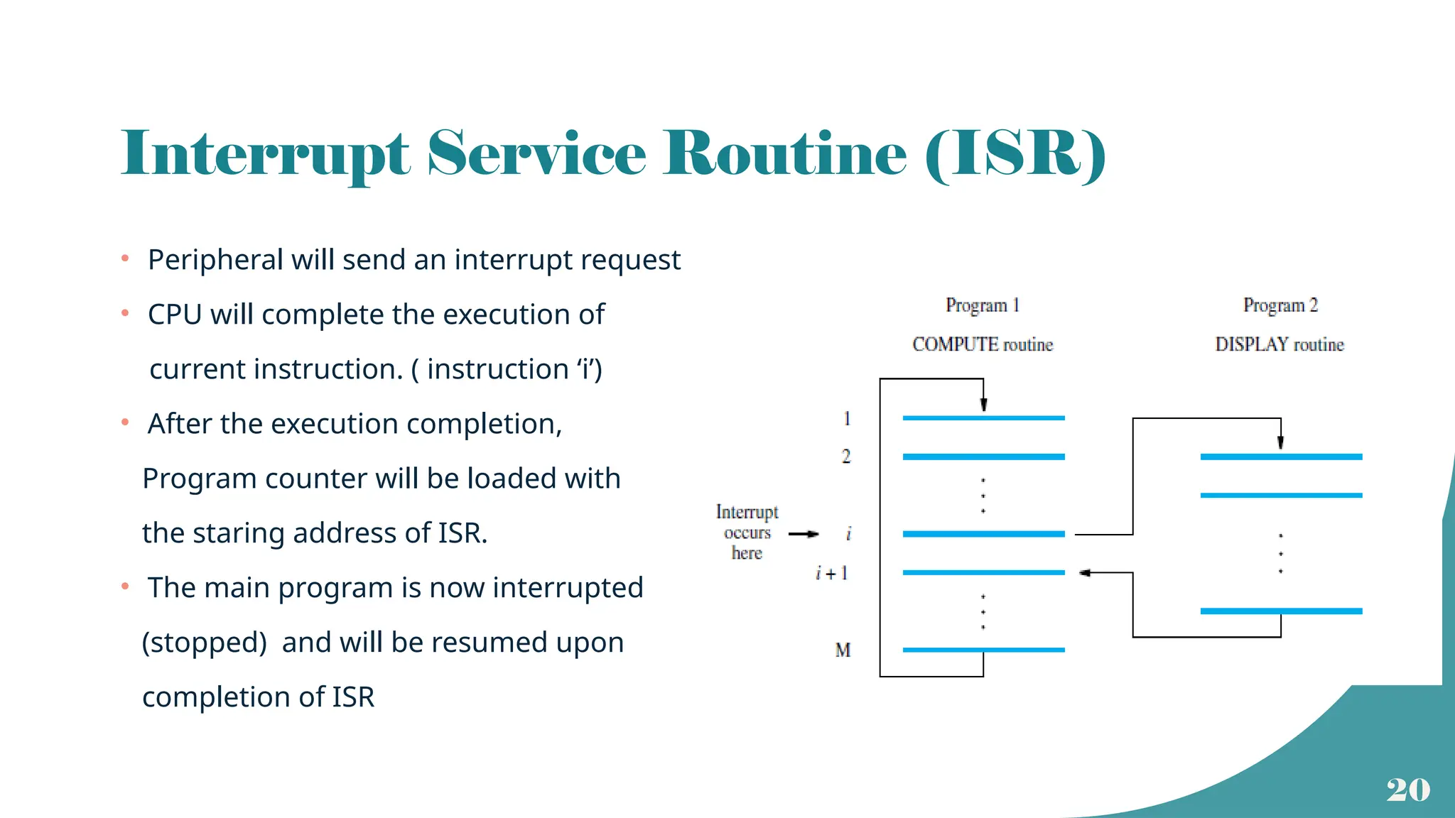 20
Interrupt Service Routine (ISR)
• Peripheral will send an interrupt request
• CPU will complete the execution of
current instruction. ( instruction ‘i’)
• After the execution completion,
Program counter will be loaded with
the staring address of ISR.
• The main program is now interrupted
(stopped) and will be resumed upon
completion of ISR
 