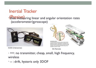 Inertial Tracker
(Passive)
• Idea: measuring linear and angular orientation rates
(accelerometer/gyroscope)
• ++: no transmitter, cheap, small, high frequency,
wireless
• -- : drift, hysteris only 3DOF
IS300 (Intersense)
Wii Remote
 