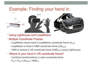 Example: Finding your hand in
VR
• Using Lighthouse and LeapMotion
• Multiple Coordinate Frames
• LeapMotion tracks hand in LeapMotion coordinate frame (HLM)
• LeapMotion is fixed in HMD coordinate frame (LMHMD)
• HMD is tracked in VR coordinate frame (HMDVR) (using Lighthouse)
• Where is your hand in VR coordinate frame?
• Combine transformations in each coordinate frame
• HVR = HLM x LMHMD x HMDVR
 