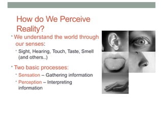 How do We Perceive
Reality?
• We understand the world through
our senses:
• Sight, Hearing, Touch, Taste, Smell
(and others..)
• Two basic processes:
• Sensation – Gathering information
• Perception – Interpreting
information
 