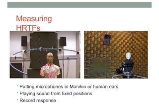 Measuring
HRTFs
• Putting microphones in Manikin or human ears
• Playing sound from fixed positions
• Record response
 
