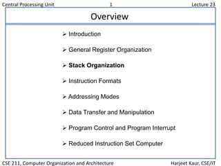 Central Processing Unit 1 Lecture 23
CSE 211, Computer Organization and Architecture Harjeet Kaur, CSE/IT
Overview
 Introduction
 General Register Organization
 Stack Organization
 Instruction Formats
 Addressing Modes
 Data Transfer and Manipulation
 Program Control and Program Interrupt
 Reduced Instruction Set Computer
 
