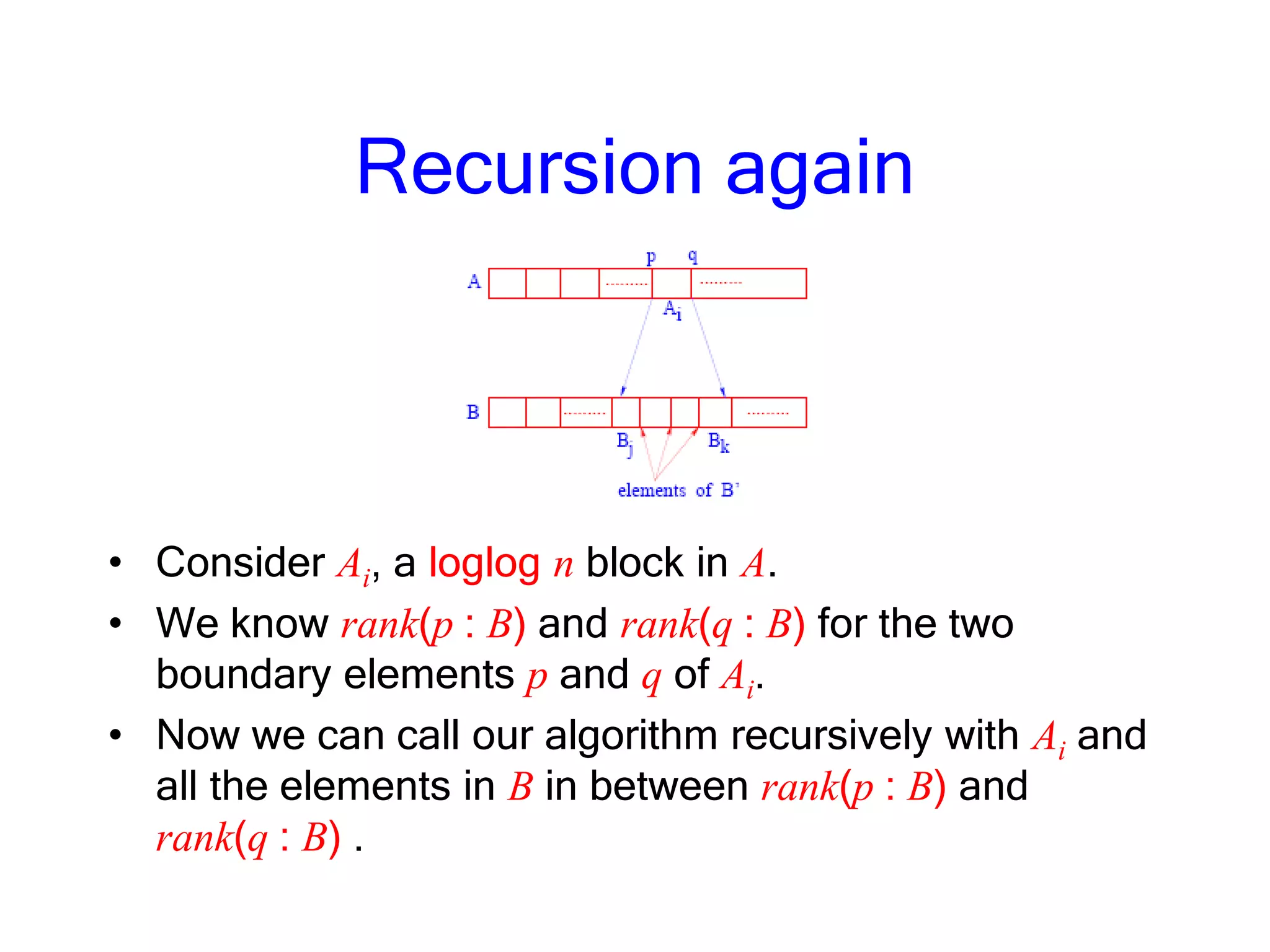 Recursion again
• Consider Ai, a loglog n block in A.
• We know rank(p : B) and rank(q : B) for the two
boundary elements p and q of Ai.
• Now we can call our algorithm recursively with Ai and
all the elements in B in between rank(p : B) and
rank(q : B) .
 