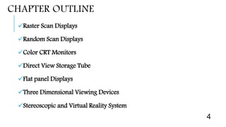 CHAPTER OUTLINE
Raster Scan Displays
Random Scan Displays
Color CRT Monitors
Direct View Storage Tube
Flat panel Displays
Three Dimensional Viewing Devices
Stereoscopic and Virtual Reality System
4
 