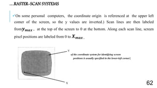 On some personal computers, the coordinate origin is referenced at the upper left
comer of the screen, so the y values are inverted.) Scan lines are then labeled
from 𝒚 𝒎𝒂𝒙 , at the top of the screen to 0 at the bottom. Along each scan line, screen
pixel positions are labeled from 0 to 𝑿 𝒎𝒂𝒙 .
[The origin of the coordinate system for identifying screen
positions is usually specified in the lower-left corner]
…RASTER-SCAN SYSTEMS
62
 