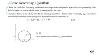 Since the circle is a frequently used component in pictures and graphs, a procedure for generating either
full circles or circular arcs is included in most graphics packages.
A circle is defined as the set of points that are all at a given distance r from a center position (𝒙 𝟎, 𝒚 𝟎). This distance
relationship is expressed by the Pythagorean theorem in Cartesian coordinates as:
𝑥 − 𝑥c
2 + 𝑦 − 𝑦c
2 = 𝑟2 2.24
Fig 3.8
[circle with center coordinate (𝑥c,𝑦c) and radius r.
…Circle-Generating Algorithms
95
 