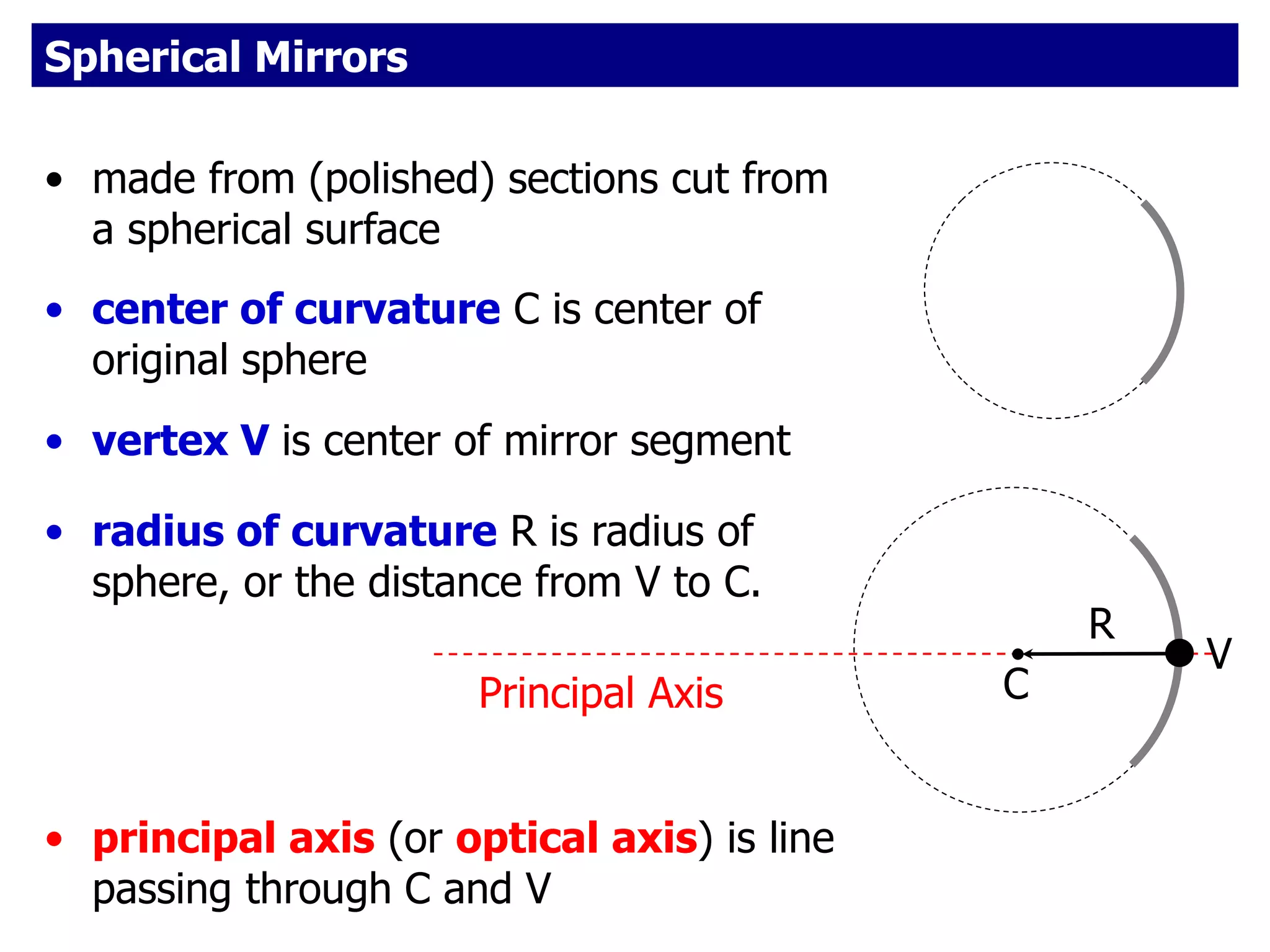 Spherical Mirrors
• made from (polished) sections cut from
a spherical surface
• center of curvature C is center of
original sphere
C
V
R
• radius of curvature R is radius of
sphere, or the distance from V to C.
• vertex V is center of mirror segment
Principal Axis
• principal axis (or optical axis) is line
passing through C and V
 