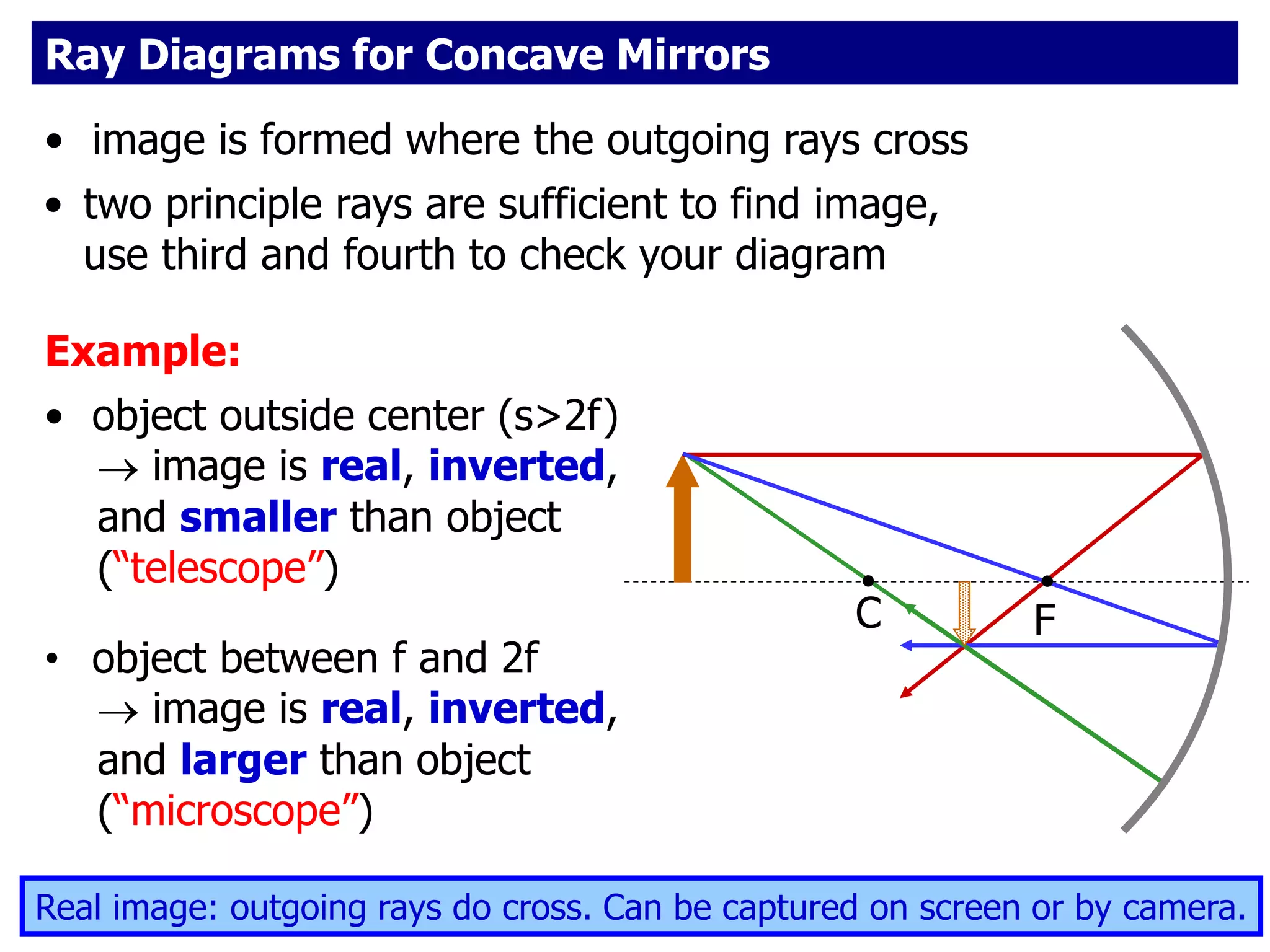 C
• image is formed where the outgoing rays cross
• object outside center (s>2f)
 image is real, inverted,
and smaller than object
(“telescope”)
Real image: outgoing rays do cross. Can be captured on screen or by camera.
F
Ray Diagrams for Concave Mirrors
• two principle rays are sufficient to find image,
use third and fourth to check your diagram
Example:
• object between f and 2f
 image is real, inverted,
and larger than object
(“microscope”)
 