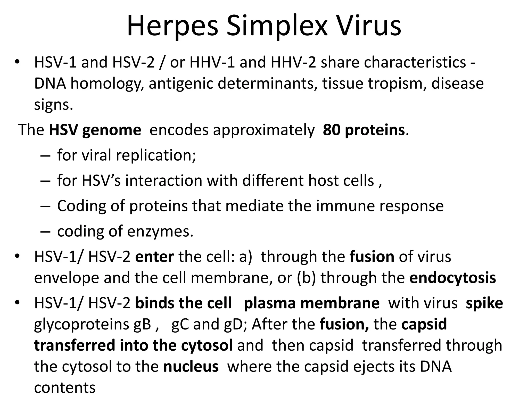 Herpes Simplex Virus
• HSV-1 and HSV-2 / or HHV-1 and HHV-2 share characteristics -
DNA homology, antigenic determinants, tissue tropism, disease
signs.
The HSV genome encodes approximately 80 proteins.
– for viral replication;
– for HSV’s interaction with different host cells ,
– Coding of proteins that mediate the immune response
– coding of enzymes.
• HSV-1/ HSV-2 enter the cell: a) through the fusion of virus
envelope and the cell membrane, or (b) through the endocytosis
• HSV-1/ HSV-2 binds the cell plasma membrane with virus spike
glycoproteins gB , gC and gD; After the fusion, the capsid
transferred into the cytosol and then capsid transferred through
the cytosol to the nucleus where the capsid ejects its DNA
contents
 