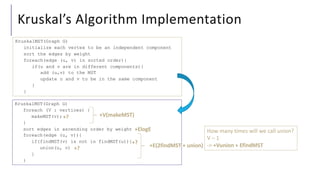 Kruskal’s Algorithm Implementation
KruskalMST(Graph G)
initialize each vertex to be an independent component
sort the edges by weight
foreach(edge (u, v) in sorted order){
if(u and v are in different components){
add (u,v) to the MST
update u and v to be in the same component
}
}
KruskalMST(Graph G)
foreach (V : vertices) {
makeMST(v);
}
sort edges in ascending order by weight
foreach(edge (u, v)){
if(findMST(v) is not in findMST(u)){
union(u, v)
}
}
+V(makeMST)
+ElogE
+E(2findMST + union)
+?
+?
+?
How many times will we call union?
V – 1
-> +Vunion + EfindMST
 