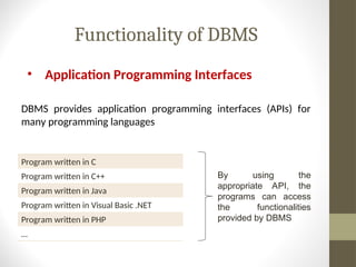 Lecture of Advantages & Disadvantages of DBMS, Functionality, Data and ...