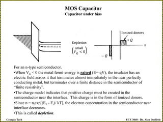 ECE 3040 - Dr. Alan Doolittle
Georgia Tech
MOS Capacitor
Capacitor under bias
For an n-type semiconductor.
•When VG < 0 the metal fermi-energy is raised (E=-qV), the insulator has an
electric field across it that terminates almost immediately in the near perfectly
conducting metal, but terminates over a finite distance in the semiconductor of
“finite resistivity”.
•The charge model indicates that positive charge must be created in the
semiconductor near the interface. This charge is in the form of ionized donors.
•Since n = niexp[(EF - Ei)/ kT], the electron concentration in the semiconductor near
interface decreases.
•This is called depletion.
 