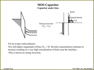 ECE 3040 - Dr. Alan Doolittle
Georgia Tech
MOS Capacitor
Capacitor under bias
For an n-type semiconductor.
•For still higher magnitudes of bias (VG < 0) the hole concentration continues to
increase resulting in a very high concentration of holes near the interface.
•This is known as strong inversion.
Strong Inversion
(VG < VT)
 