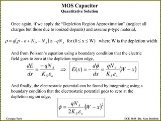 ECE 3040 - Dr. Alan Doolittle
Georgia Tech
MOS Capacitor
Quantitative Solution
Once again, if we apply the “Depletion Region Approximation” (neglect all
charges but those due to ionized dopants) and assume p-type material,
( ) width
depletion
the
is
W
where
W)
x
(0
for ≤
≤
−
≅
−
+
−
= A
A
D qN
N
N
n
p
q
ρ
And from Poisson’s equation using a boundary condition that the electric
field goes to zero at the depletion region edge,
( )
x
W
K
qN
dx
d
x
E
K
qN
dx
dE
o
S
A
o
S
A
−
=
−
=
⇒
−
=
ε
φ
ε
)
(
And finally, the electrostatic potential can be found by integrating using a
boundary condition that the electrostatic potential goes to zero at the
depletion region edge,
( )2
2
x
W
K
qN
o
S
A
−
=
ε
φ
 