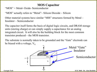 ECE 3040 - Dr. Alan Doolittle
Georgia Tech
MOS Capacitor
Metal “Gate”
Insulator
Semiconductor
“MOS” = Metal- Oxide- Semiconductor
“MOS” actually refers to “Metal”– Silicon Dioxide – Silicon
Other material systems have similar “MIS” structures formed by Metal –
Insulator – Semiconductor
The capacitor itself forms the basis of digital logic circuits, and DRAM storage
units (storing charge) or can simply supply a capacitance for an analog
integrated circuit. It will also be the building block for the most common
transistor produced – the MOS transistor.
The substrate is normally taken to be grounded and the “Gate” electrode can
be biased with a voltage, VG
 