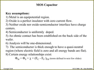 ECE 3040 - Dr. Alan Doolittle
Georgia Tech
Key assumptions:
1) Metal is an equipotential region.
2) Oxide is a perfect insulator with zero current flow.
3) Neither oxide nor oxide-semiconductor interface have charge
centers.
4) Semiconductor is uniformly doped.
5) An ohmic contact has been established on the back side of the
wafer.
6) Analysis will be one-dimensional.
7) The semiconductor is thick enough to have a quasi-neutral
region (where electric field is zero and all energy bands are flat).
8) Certain energy relationships exist:
ΦM = ΦS = χ + (EC - EF )FB (terms defined in next few slides)
MOS Capacitor
 