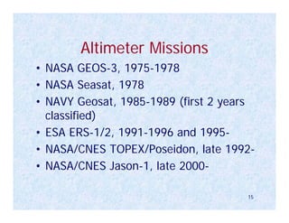 Altimeter Missions
• NASA GEOS-3, 1975-1978
• NASA Seasat, 1978
• NAVY Geosat, 1985-1989 (first 2 years
  classified)
• ESA ERS-1/2, 1991-1996 and 1995-
• NASA/CNES TOPEX/Poseidon, late 1992-
• NASA/CNES Jason-1, late 2000-

                                     15
 
