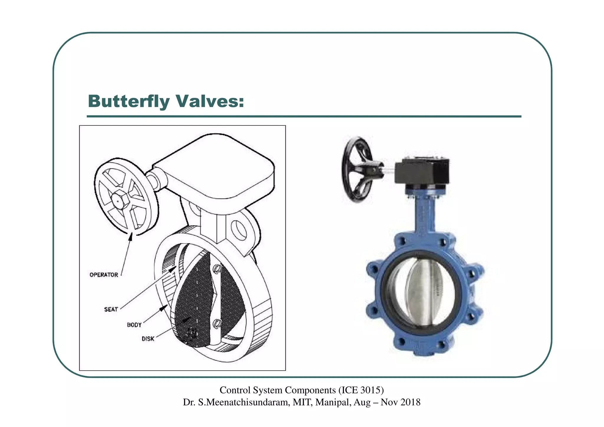 Butterfly Valves:
Control System Components (ICE 3015)
Dr. S.Meenatchisundaram, MIT, Manipal, Aug – Nov 2018
 
