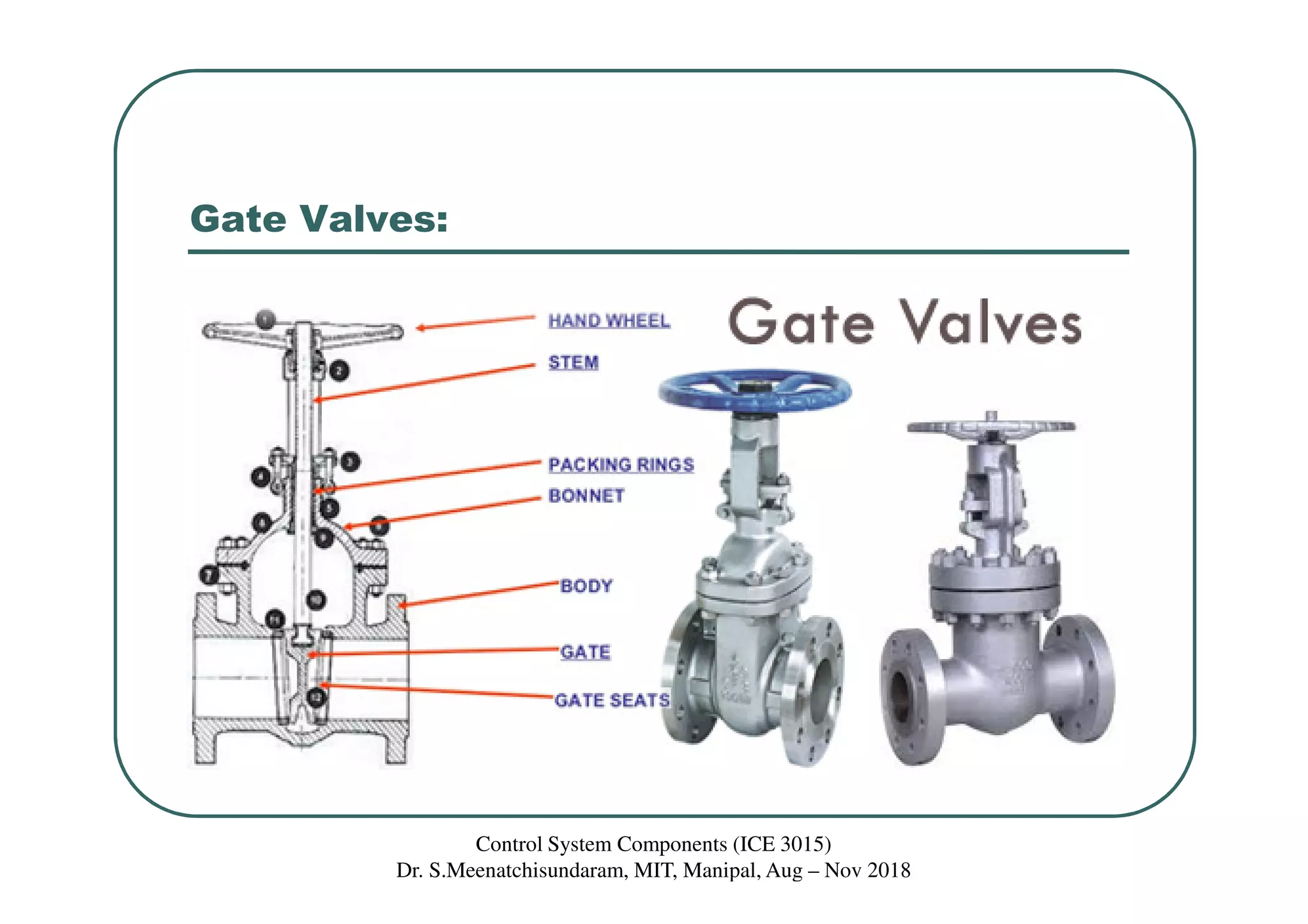 Gate Valves:
Control System Components (ICE 3015)
Dr. S.Meenatchisundaram, MIT, Manipal, Aug – Nov 2018
 