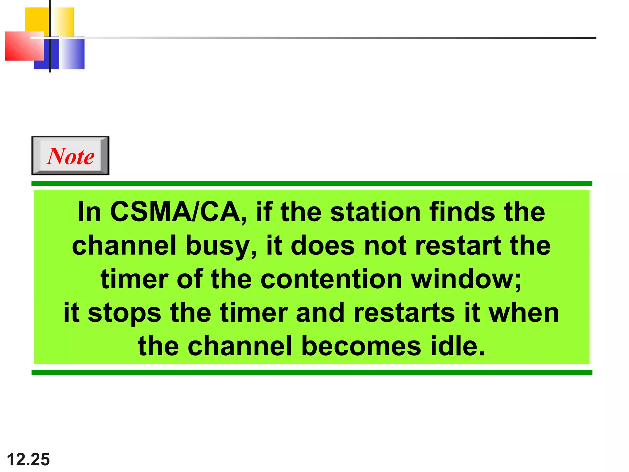 12.25
In CSMA/CA, if the station finds the
channel busy, it does not restart the
timer of the contention window;
it stops the timer and restarts it when
the channel becomes idle.
Note
 