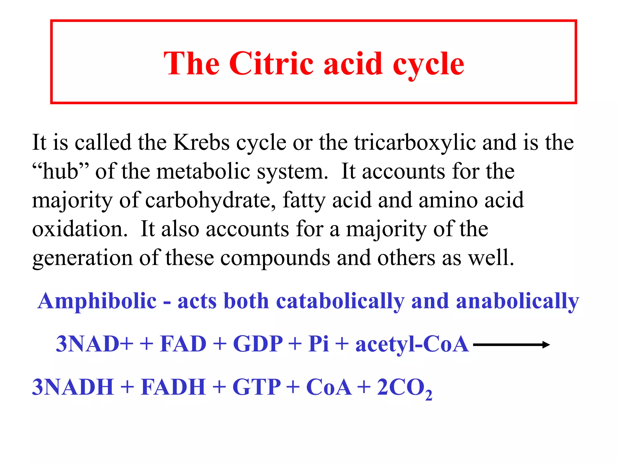 The Citric acid cycle
It is called the Krebs cycle or the tricarboxylic and is the
“hub” of the metabolic system. It accounts for the
majority of carbohydrate, fatty acid and amino acid
oxidation. It also accounts for a majority of the
generation of these compounds and others as well.
Amphibolic - acts both catabolically and anabolically
3NAD+ + FAD + GDP + Pi + acetyl-CoA
3NADH + FADH + GTP + CoA + 2CO2
 