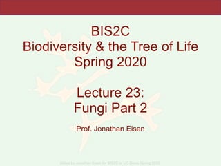 Slides by Jonathan Eisen for BIS2C at UC Davis Spring 2020
BIS2C
Biodiversity & the Tree of Life
Spring 2020
Lecture 23:
Fungi Part 2
Prof. Jonathan Eisen
 