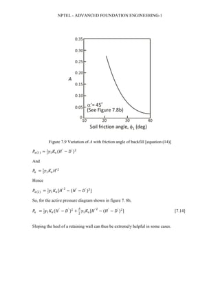 NPTEL - ADVANCED FOUNDATION ENGINEERING-1
Figure 7.9 Variation of A with friction angle of backfill [equation (14)]
𝑃𝑃𝑎𝑎(1) = 1
2
𝛾𝛾1 𝐾𝐾𝑎𝑎(𝐻𝐻′
− 𝐷𝐷′
)2
And
𝑃𝑃𝑎𝑎 = 1
2
𝛾𝛾1 𝐾𝐾𝑎𝑎 𝐻𝐻′2
Hence
𝑃𝑃𝑎𝑎(2) = 1
2
𝛾𝛾1 𝐾𝐾𝑎𝑎[𝐻𝐻′ 2
− (𝐻𝐻′
− 𝐷𝐷′
)2
]
So, for the active pressure diagram shown in figure 7. 8b,
𝑃𝑃𝑎𝑎 = 1
2
𝛾𝛾1 𝐾𝐾𝑎𝑎(𝐻𝐻′
− 𝐷𝐷′
)2
+
𝐴𝐴
2
𝛾𝛾1 𝐾𝐾𝑎𝑎[𝐻𝐻′ 2
− (𝐻𝐻′
− 𝐷𝐷′
)2
] [7.14]
Sloping the heel of a retaining wall can thus be extremely helpful in some cases.
 