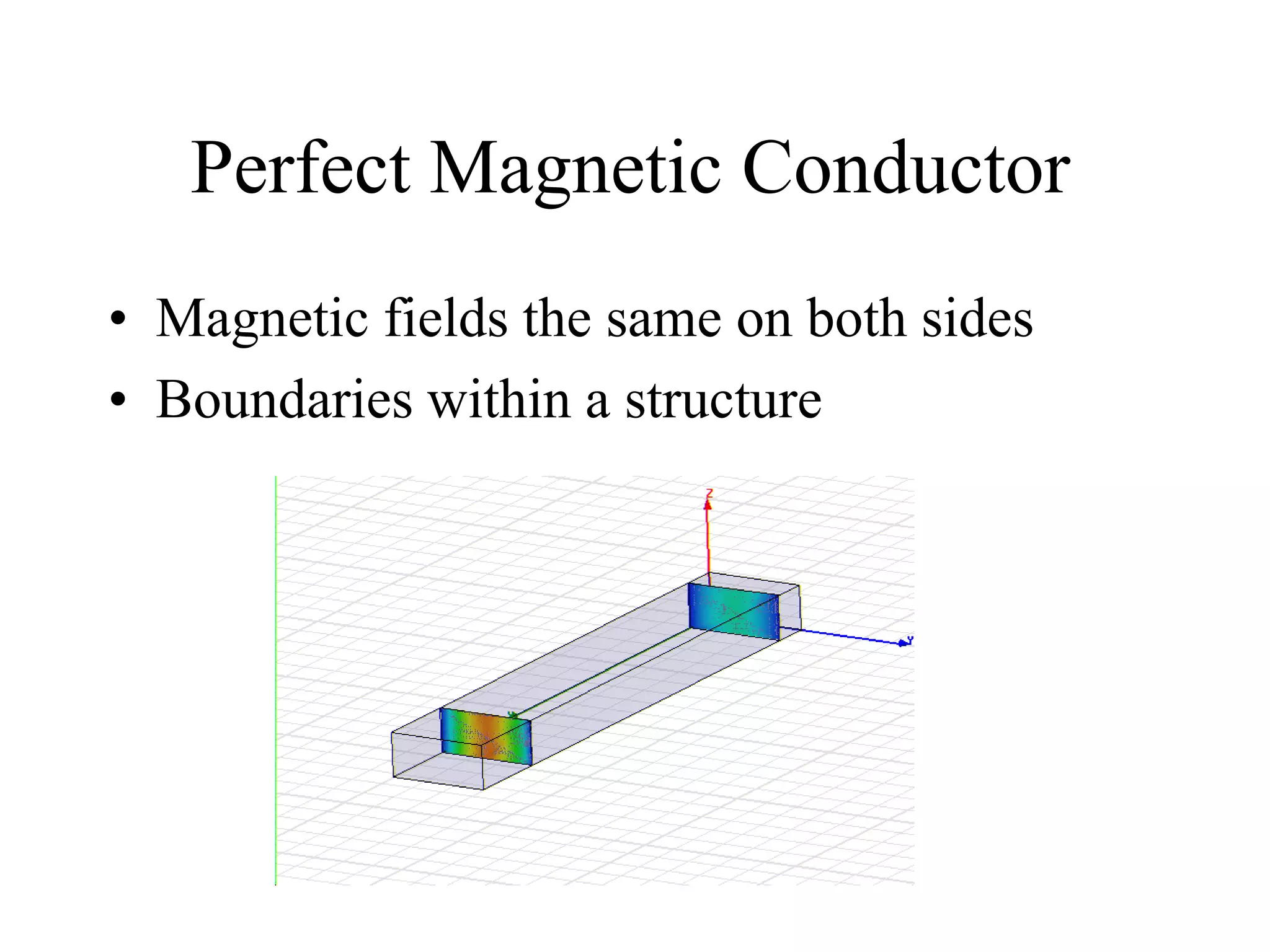 Perfect Magnetic Conductor
• Magnetic fields the same on both sides
• Boundaries within a structure
 