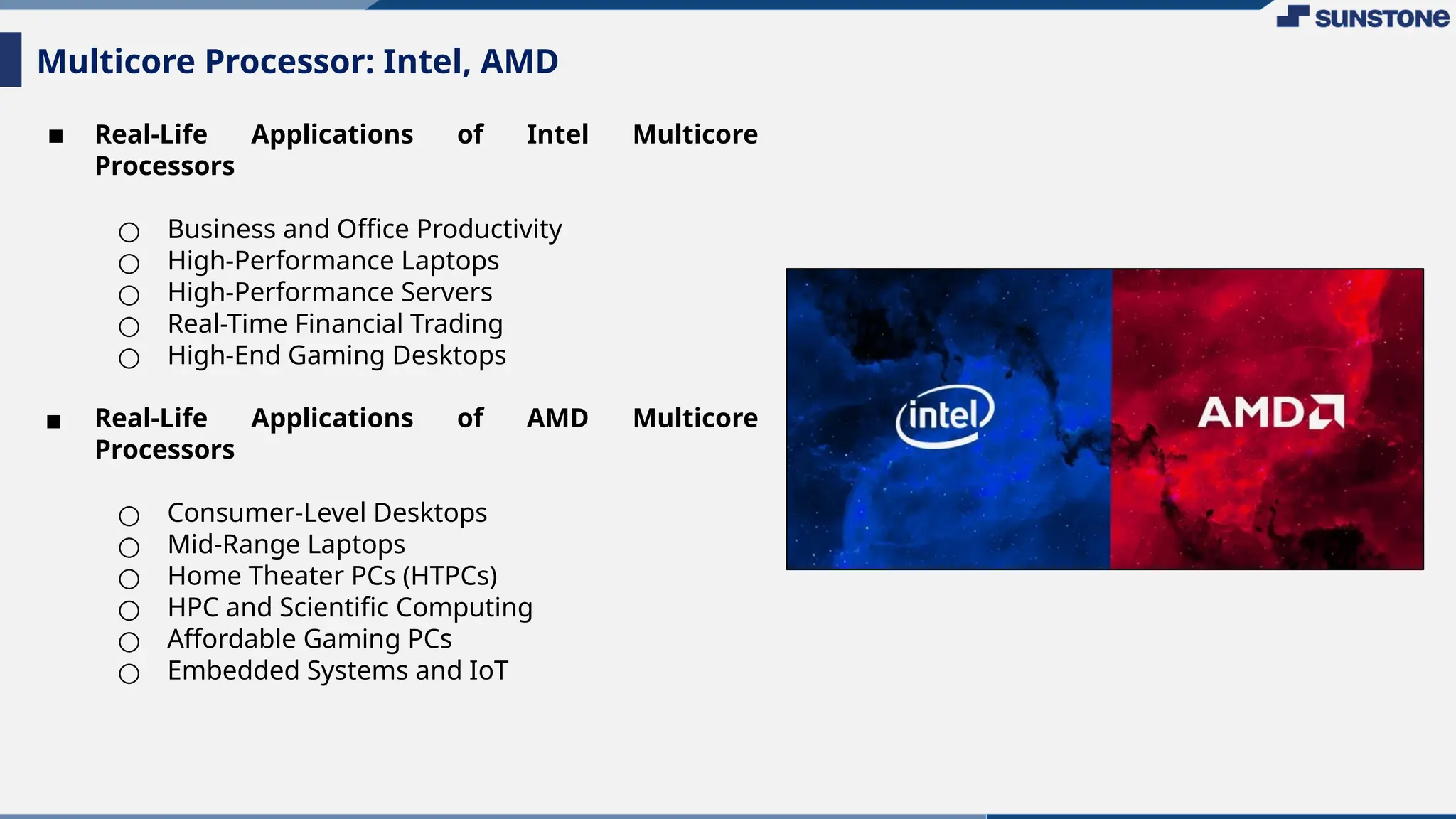 ▪ Real-Life Applications of Intel Multicore
Processors
○ Business and Office Productivity
○ High-Performance Laptops
○ High-Performance Servers
○ Real-Time Financial Trading
○ High-End Gaming Desktops
▪ Real-Life Applications of AMD Multicore
Processors
○ Consumer-Level Desktops
○ Mid-Range Laptops
○ Home Theater PCs (HTPCs)
○ HPC and Scientific Computing
○ Affordable Gaming PCs
○ Embedded Systems and IoT
Multicore Processor: Intel, AMD
 