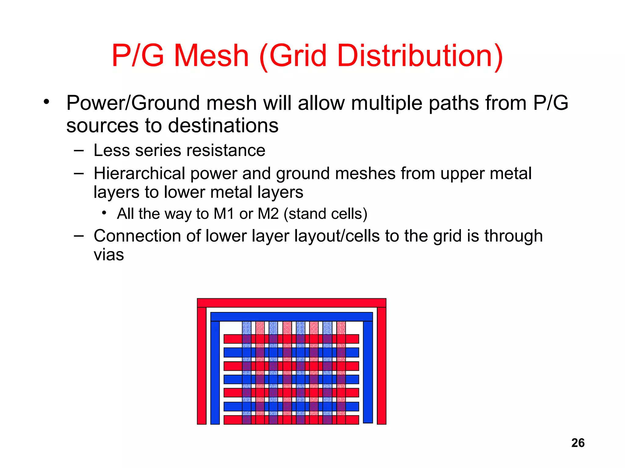 26
P/G Mesh (Grid Distribution)
• Power/Ground mesh will allow multiple paths from P/G
sources to destinations
– Less series resistance
– Hierarchical power and ground meshes from upper metal
layers to lower metal layers
• All the way to M1 or M2 (stand cells)
– Connection of lower layer layout/cells to the grid is through
vias
 