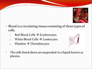 • Blood is acirculating tissueconsisting of three typesof
cells.
1. Red Blood Cells  Erythrocytes
2. White Blood Cells  Leukocytes
3. Platelets  Thrombocytes
• Thecells listed above are suspended in a liquid known as
plasma.
 