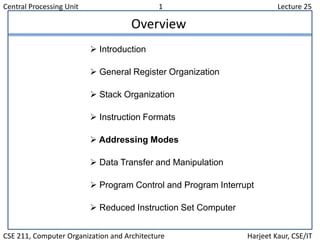 Central Processing Unit 1 Lecture 25
CSE 211, Computer Organization and Architecture Harjeet Kaur, CSE/IT
Overview
 Introduction
 General Register Organization
 Stack Organization
 Instruction Formats
 Addressing Modes
 Data Transfer and Manipulation
 Program Control and Program Interrupt
 Reduced Instruction Set Computer
 