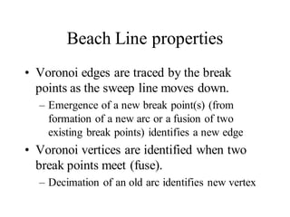 Beach Line properties
• Voronoi edges are traced by the break
points as the sweep line moves down.
– Emergence of a new break point(s) (from
formation of a new arc or a fusion of two
existing break points) identifies a new edge
• Voronoi vertices are identified when two
break points meet (fuse).
– Decimation of an old arc identifies new vertex
 