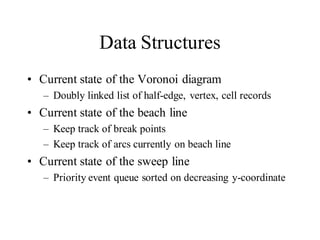 Data Structures
• Current state of the Voronoi diagram
– Doubly linked list of half-edge, vertex, cell records
• Current state of the beach line
– Keep track of break points
– Keep track of arcs currently on beach line
• Current state of the sweep line
– Priority event queue sorted on decreasing y-coordinate
 