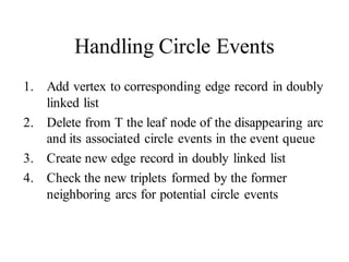 Handling Circle Events
1. Add vertex to corresponding edge record in doubly
linked list
2. Delete from T the leaf node of the disappearing arc
and its associated circle events in the event queue
3. Create new edge record in doubly linked list
4. Check the new triplets formed by the former
neighboring arcs for potential circle events
 