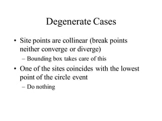 Degenerate Cases
• Site points are collinear (break points
neither converge or diverge)
– Bounding box takes care of this
• One of the sites coincides with the lowest
point of the circle event
– Do nothing
 