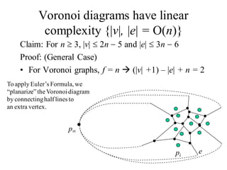 Voronoi diagrams have linear
complexity {|v|, |e| = O(n)}
Claim: For n 3, |v| 2n 5 and |e| 3n 6
Proof: (General Case)
• For Voronoi graphs, f = n  (|v| +1) – |e| + n = 2
epi
p
To apply Euler’s Formula, we
“planarize”theVoronoidiagram
by connectinghalflines to
an extra vertex.
 