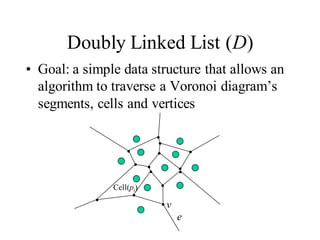 Doubly Linked List (D)
• Goal: a simple data structure that allows an
algorithm to traverse a Voronoi diagram’s
segments, cells and vertices
e
v
Cell(pi)
 