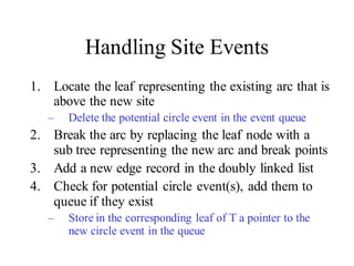 Handling Site Events
1. Locate the leaf representing the existing arc that is
above the new site
– Delete the potential circle event in the event queue
2. Break the arc by replacing the leaf node with a
sub tree representing the new arc and break points
3. Add a new edge record in the doubly linked list
4. Check for potential circle event(s), add them to
queue if they exist
– Store in the corresponding leaf of T a pointer to the
new circle event in the queue
 