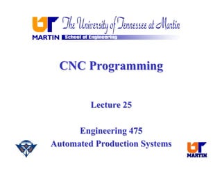 CNC Programming
CNC Programming
Lecture 25
Lecture 25
Engineering 475
Engineering 475
Automated Production Systems
Automated Production Systems
 