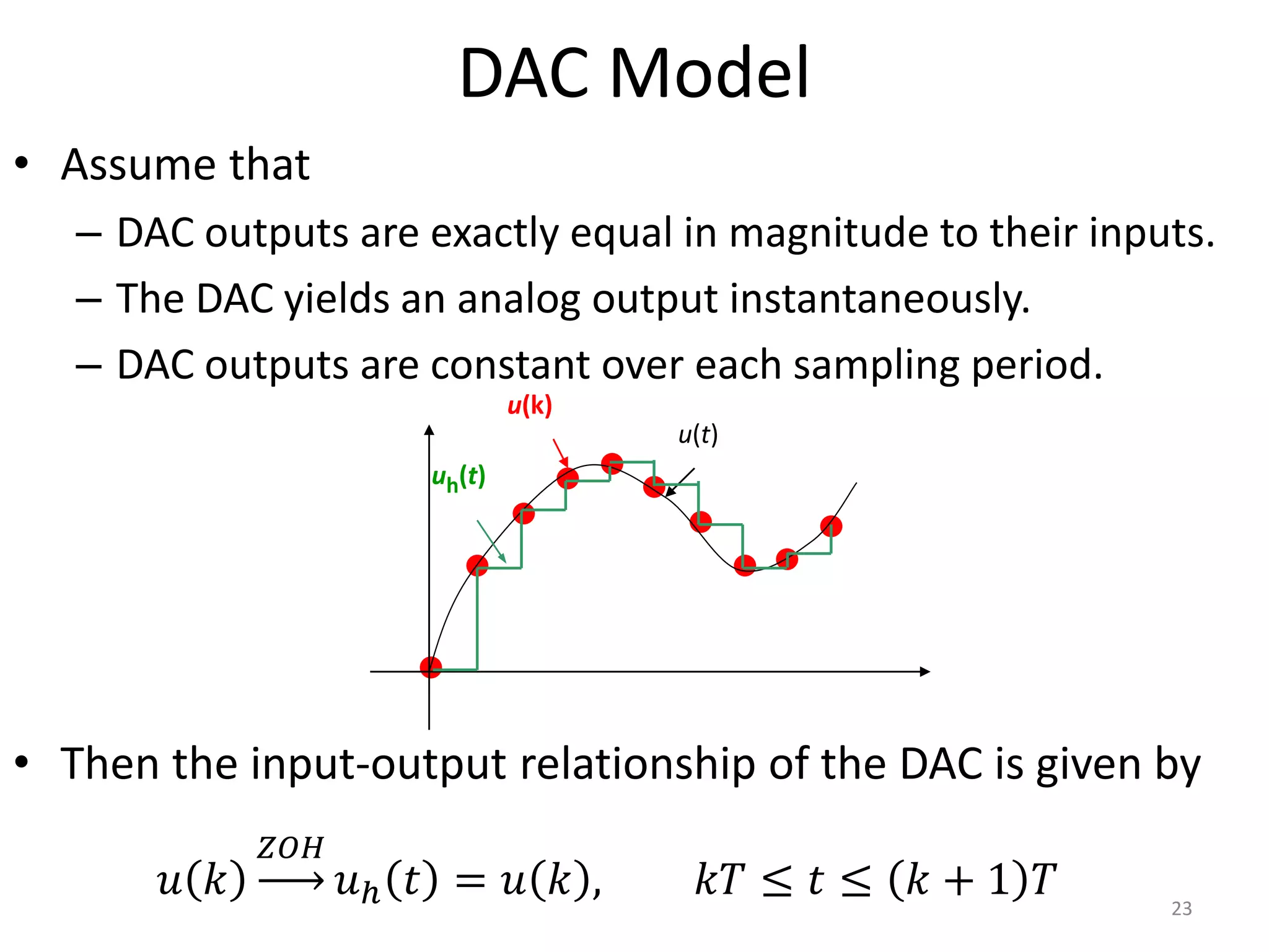 DAC Model
• Assume that
– DAC outputs are exactly equal in magnitude to their inputs.
– The DAC yields an analog output instantaneously.
– DAC outputs are constant over each sampling period.
• Then the input-output relationship of the DAC is given by
23
𝑢 𝑘
𝑍𝑂𝐻
𝑢ℎ 𝑡 = 𝑢 𝑘 , 𝑘𝑇 ≤ 𝑡 ≤ 𝑘 + 1 𝑇
u(k)
u(t)
uh(t)
 